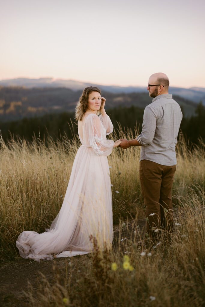 Mary's Peak can be seen in the background of this married couples' anniversary session at Fitton Green in Corvallis, Oregon.