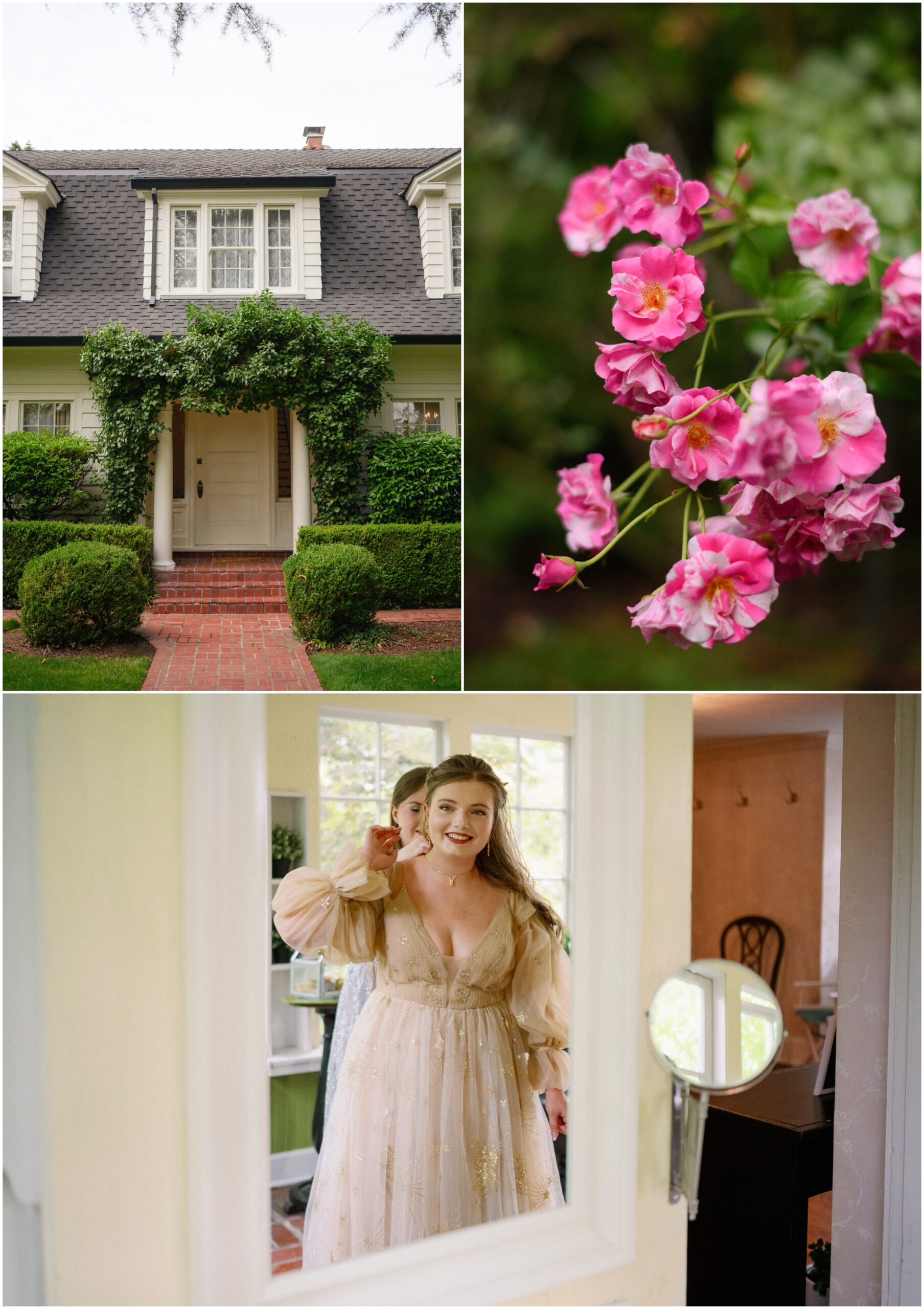 Collage showcasing Gray Gables Estate with a view of its ivy-covered entrance, vibrant pink flowers in bloom, and the bride getting ready in a golden gown while smiling in front of a mirror.