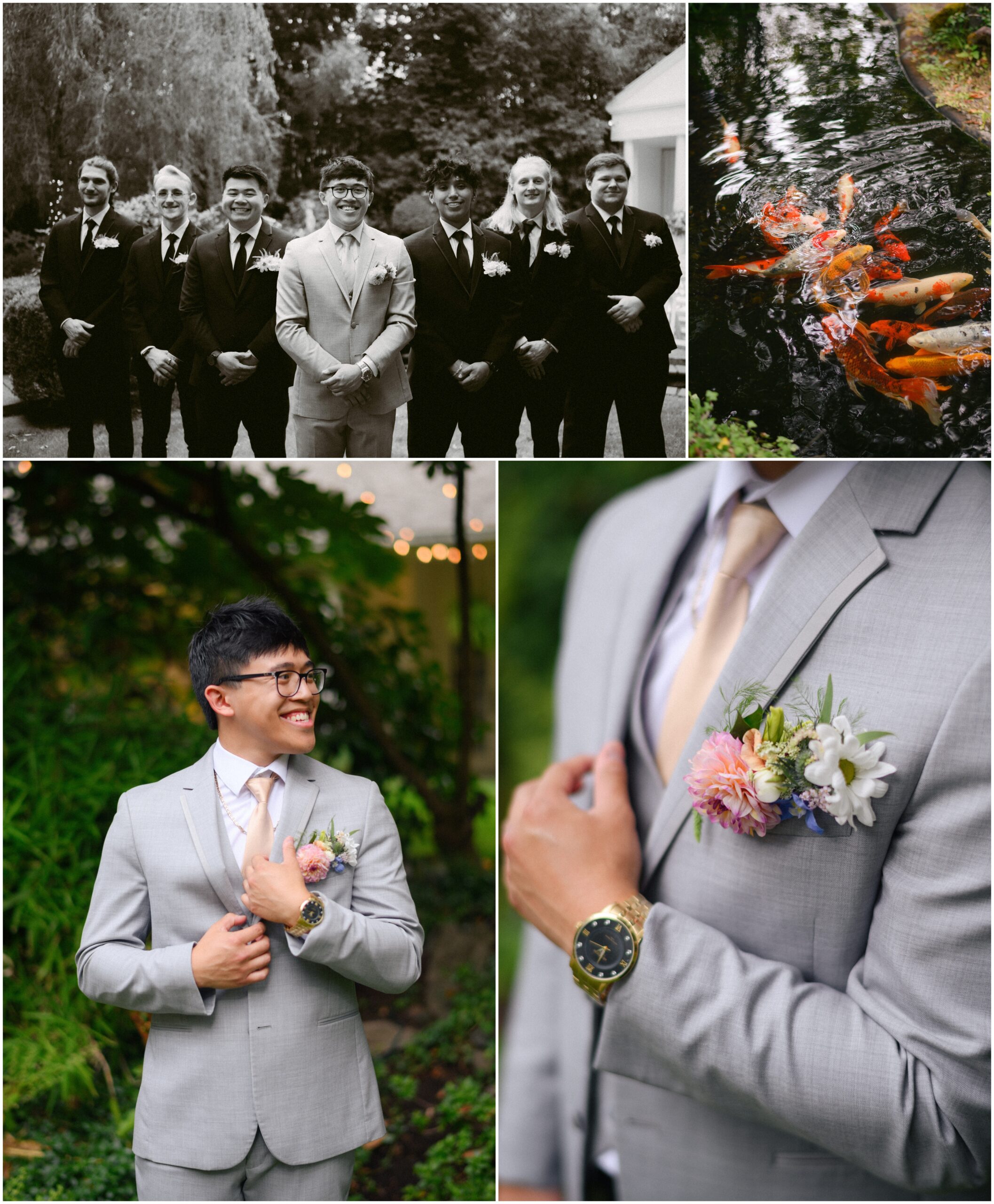 Collage of wedding details at Gray Gables Estate featuring the groom and groomsmen, a close-up of the groom’s boutonniere and gold watch, koi fish swimming in a pond, and the groom smiling in a light gray suit with a peach tie.