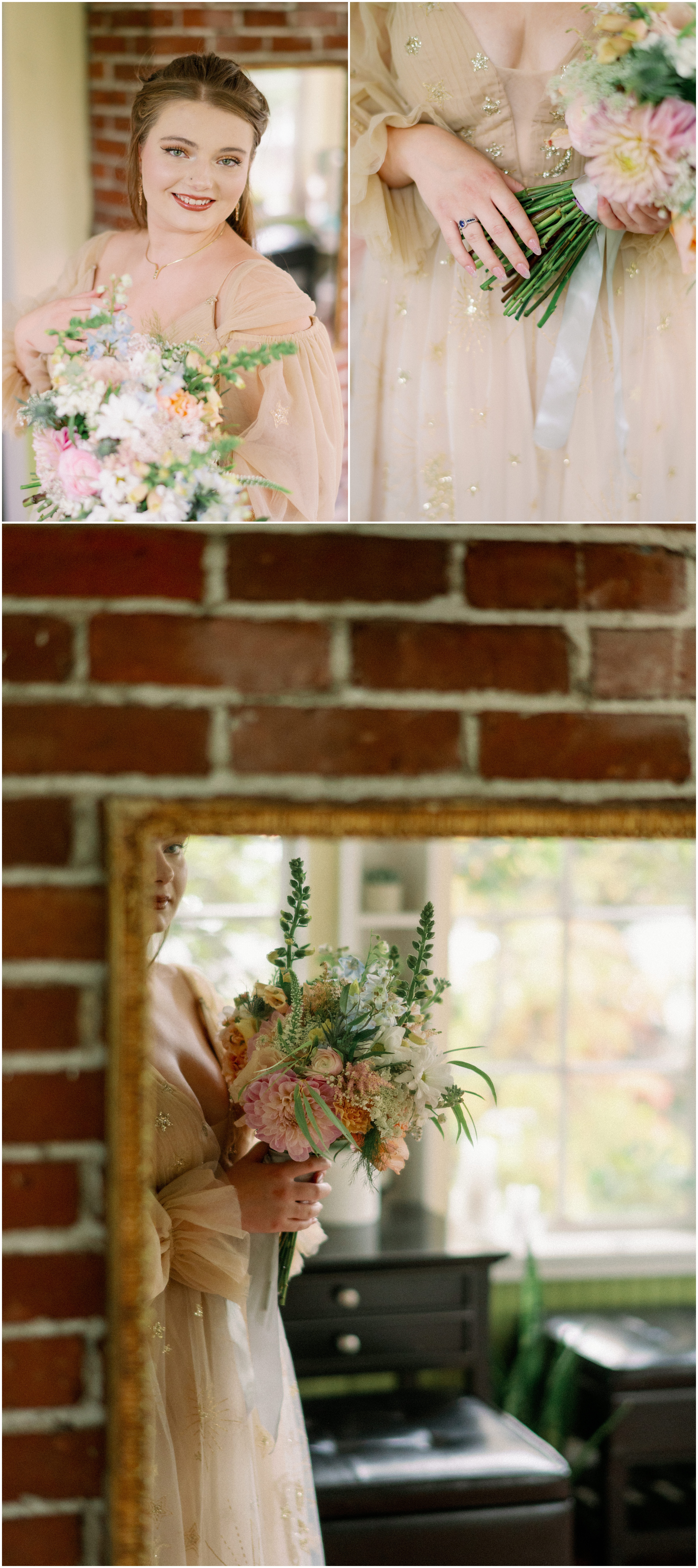 Collage of the bride at Gray Gables Estate featuring her holding a pastel floral bouquet, a close-up of her engagement ring and gown details, and a reflection in a mirror framed by rustic brick.