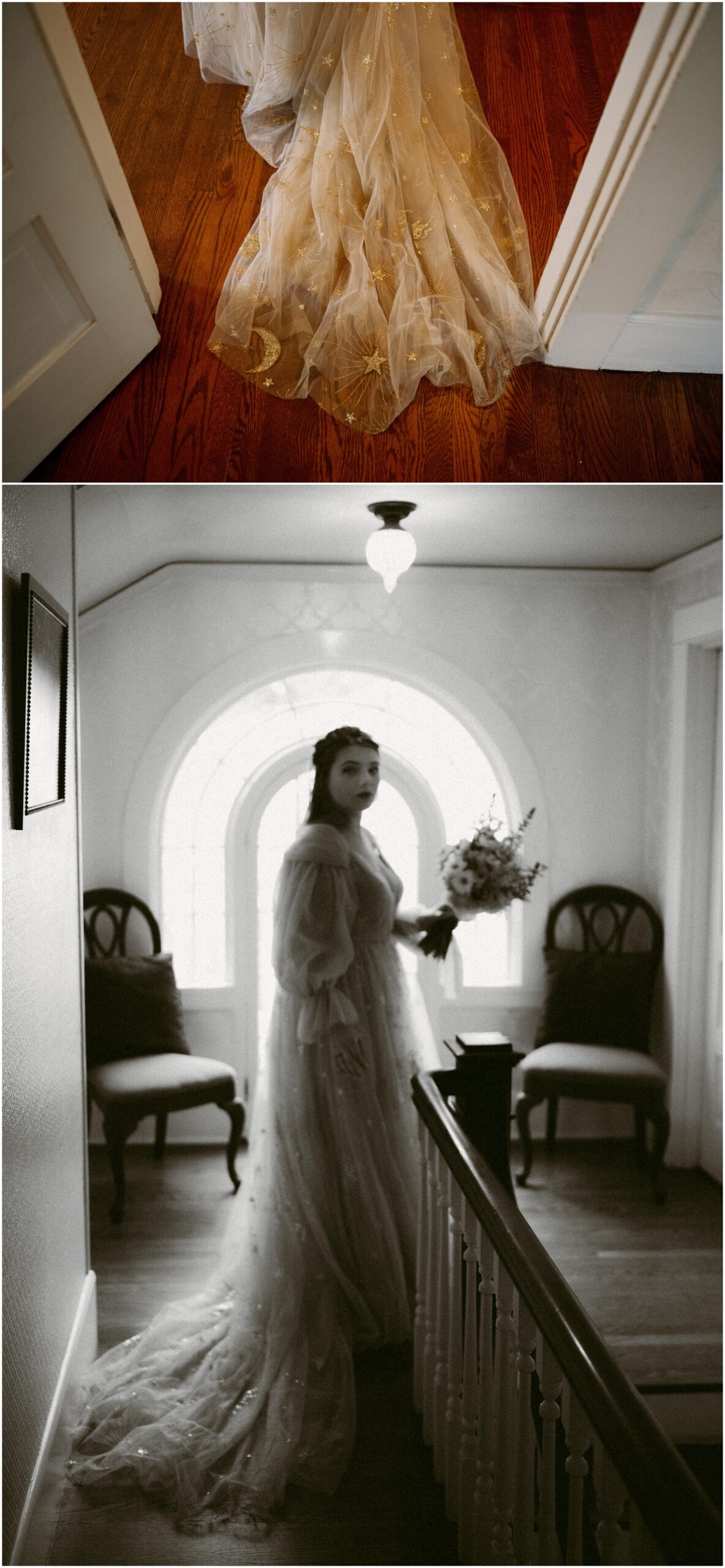 Two images of the bride at Gray Gables Estate: the first shows a close-up of her golden celestial gown train elegantly displayed on wooden floors, while the second is a black-and-white silhouette of the bride holding her bouquet at the top of a staircase, framed by an arched window and vintage chairs.