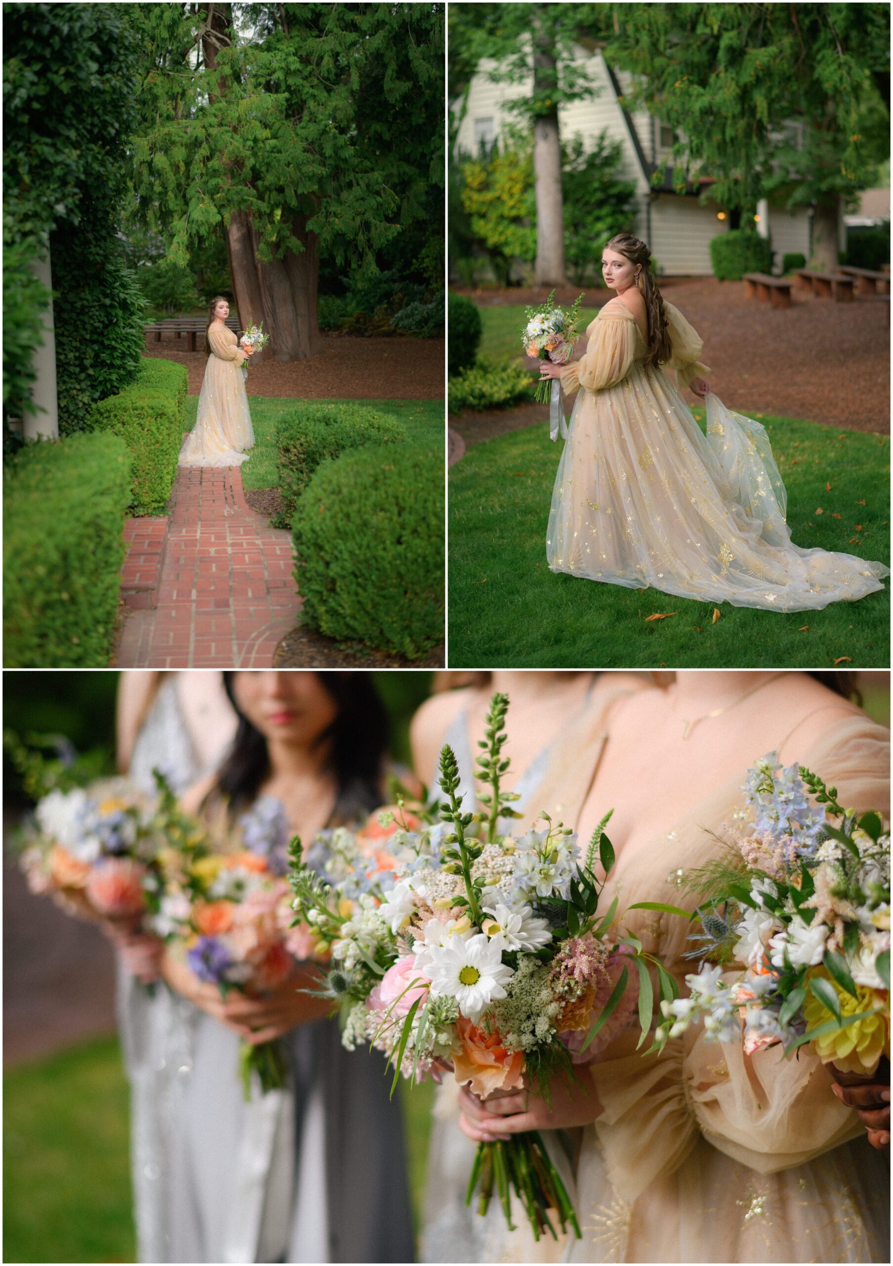 Collage featuring the bride in a golden gown at Gray Gables Estate: standing on a brick pathway surrounded by lush greenery, showcasing her gown’s train on the lawn, and a close-up of pastel floral bouquets held by the bridal party.