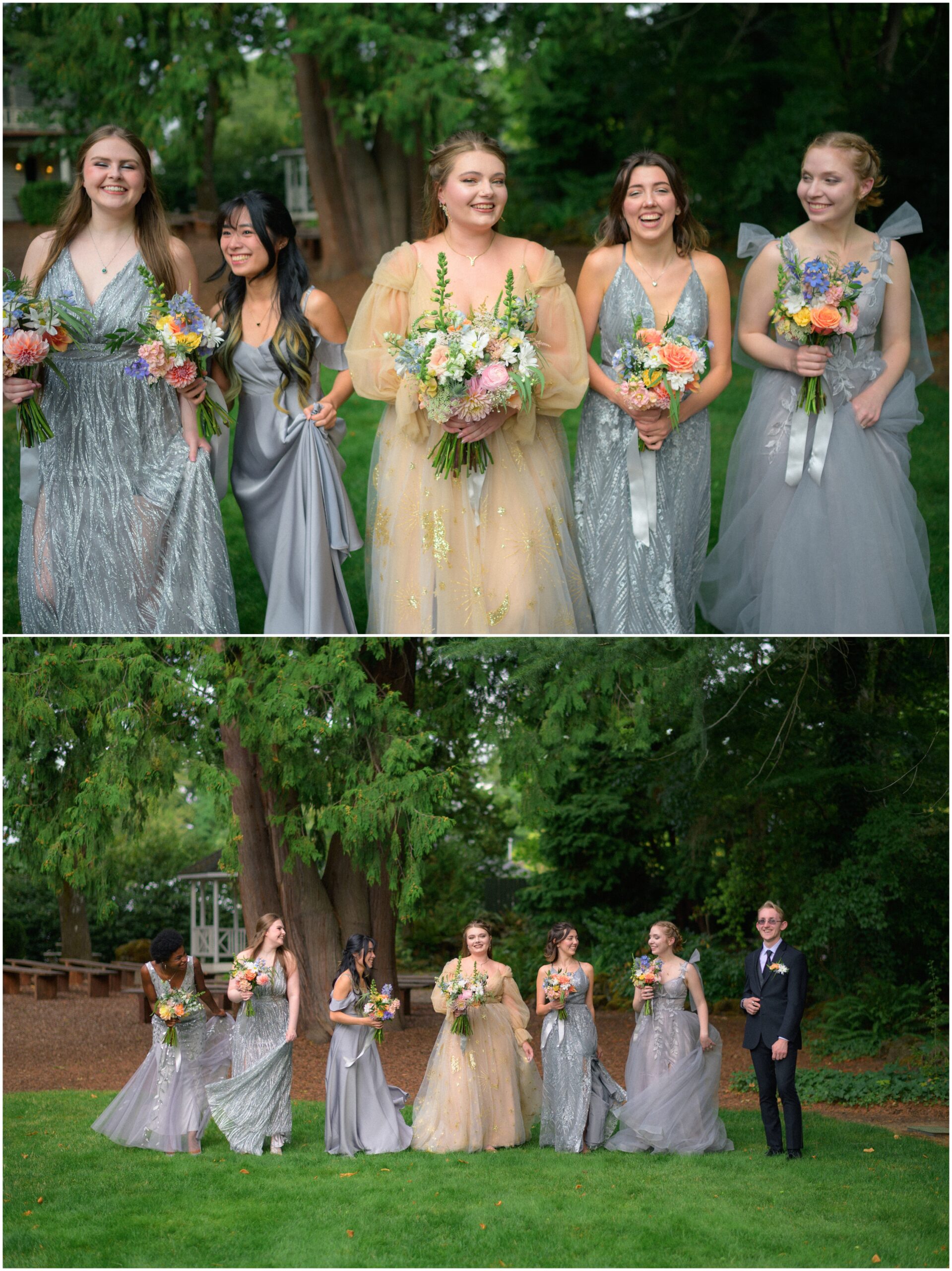 The bridal party at Gray Gables Estate: the bride and bridesmaids dressed in golden and silver gowns holding vibrant bouquets, smiling and walking together on the green lawn, with a groomsman joining the group.