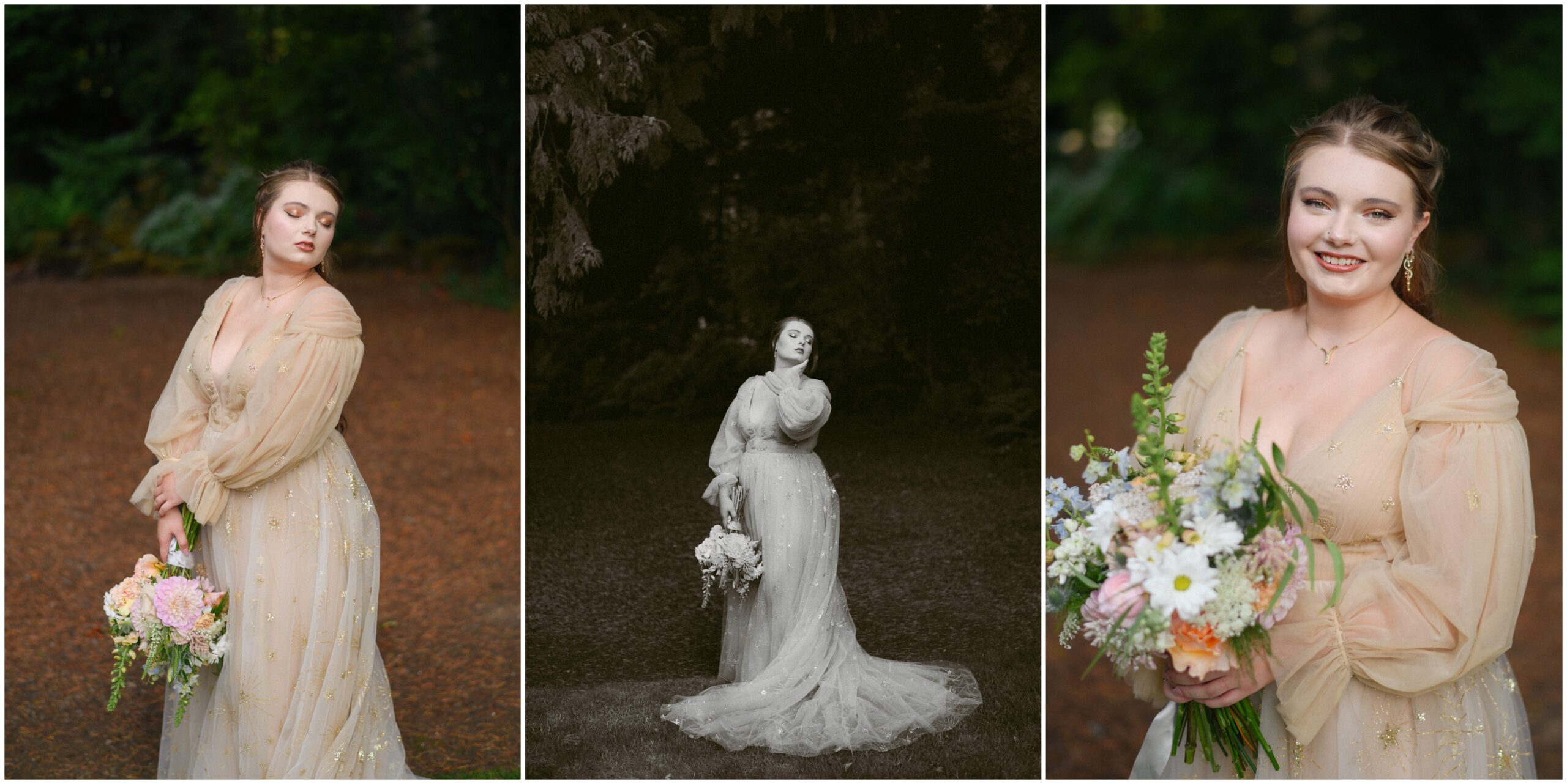 Portrait series of the bride at Gray Gables Estate: posing gracefully with her bouquet in a golden celestial gown, including a moody black-and-white image and a radiant close-up of her smiling.