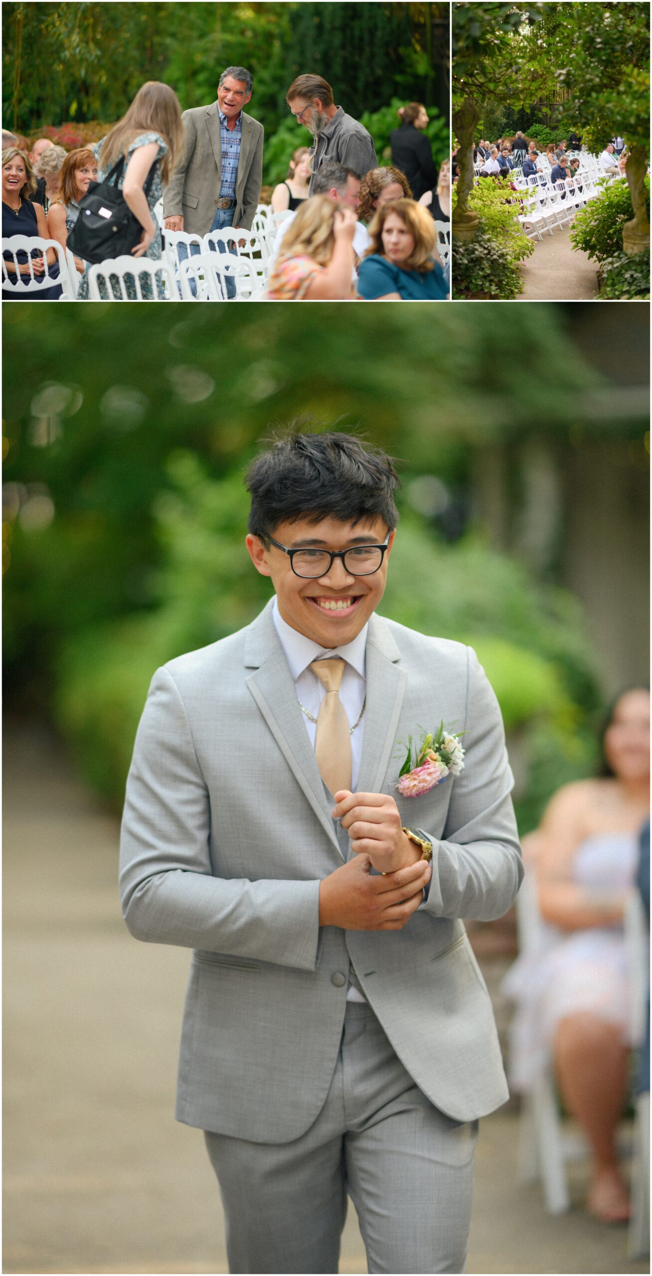 Collage showing guests arriving and mingling at Gray Gables Estate with lush greenery surrounding the outdoor seating area, and a joyful groom walking down the aisle in a light gray suit and peach tie.