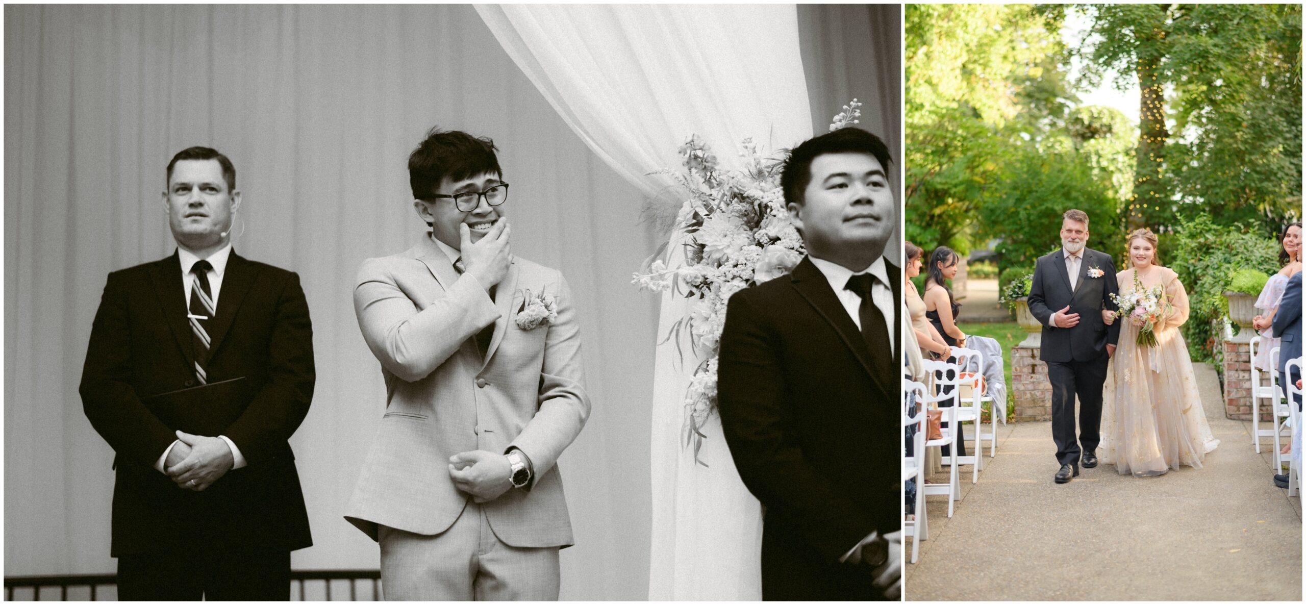 Collage capturing the groom’s emotional reaction as he stands at the altar, along with the bride walking down the aisle with her escort, surrounded by greenery and smiling guests.