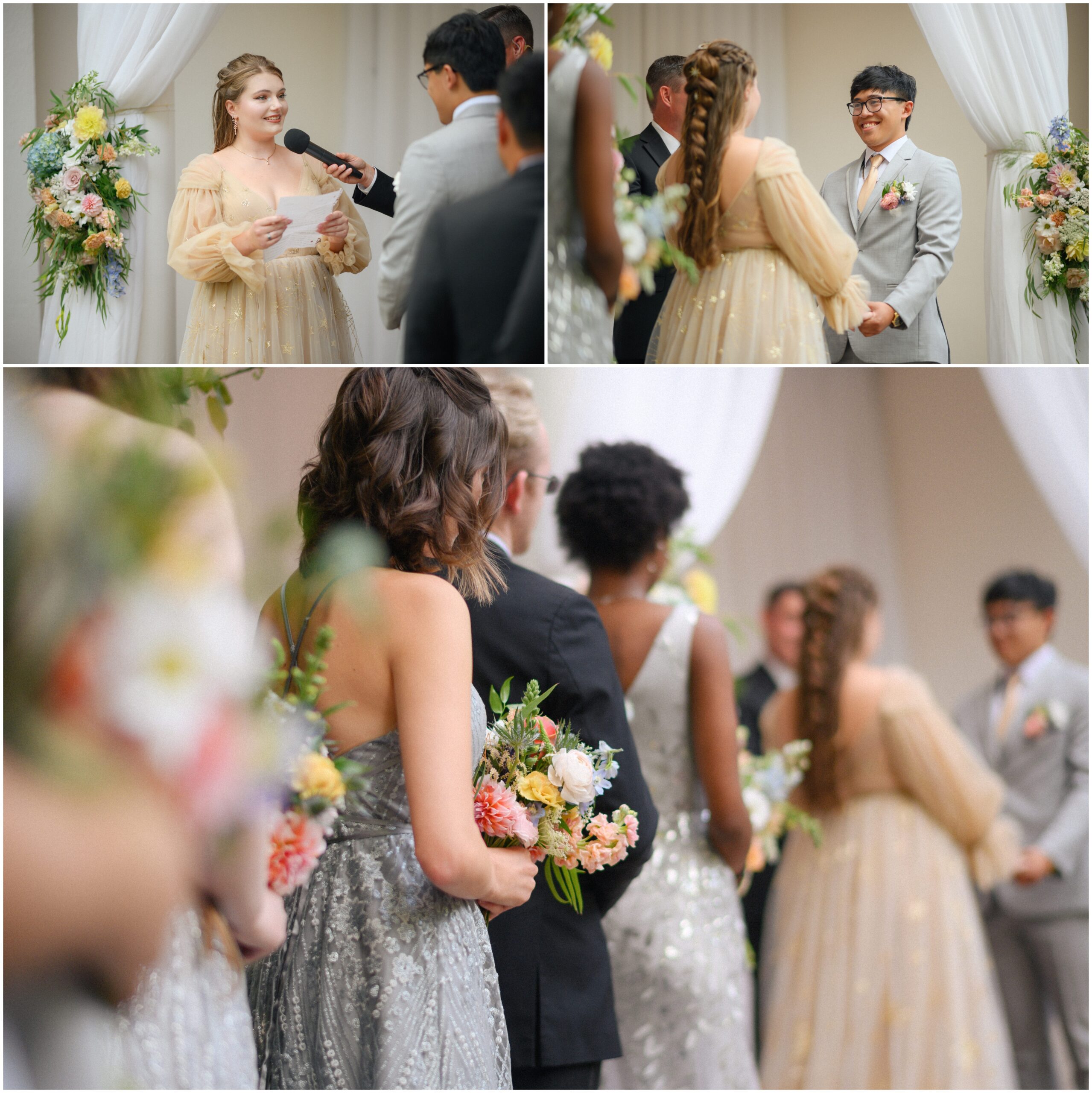 Collage of wedding ceremony moments at Gray Gables Estate, featuring the bride giving her vows, the couple exchanging smiles while holding hands at the altar, and bridesmaids in sparkling silver gowns holding pastel floral bouquets.