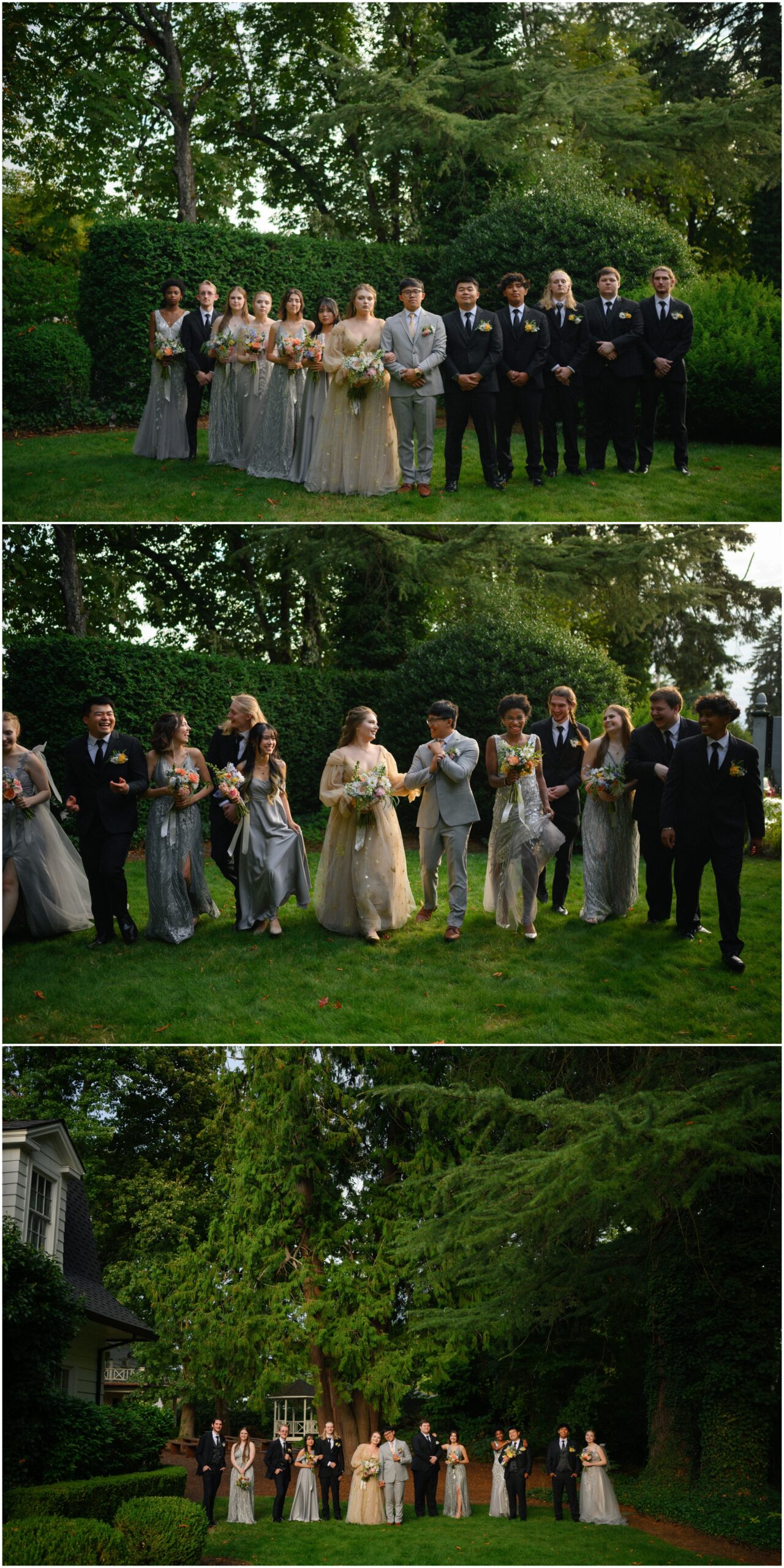 Group portraits of the wedding party at Gray Gables Estate: formal poses with the bride in her celestial gown surrounded by bridesmaids in silver dresses and groomsmen in black suits, followed by joyful candid moments of the group walking and laughing together on the lawn.