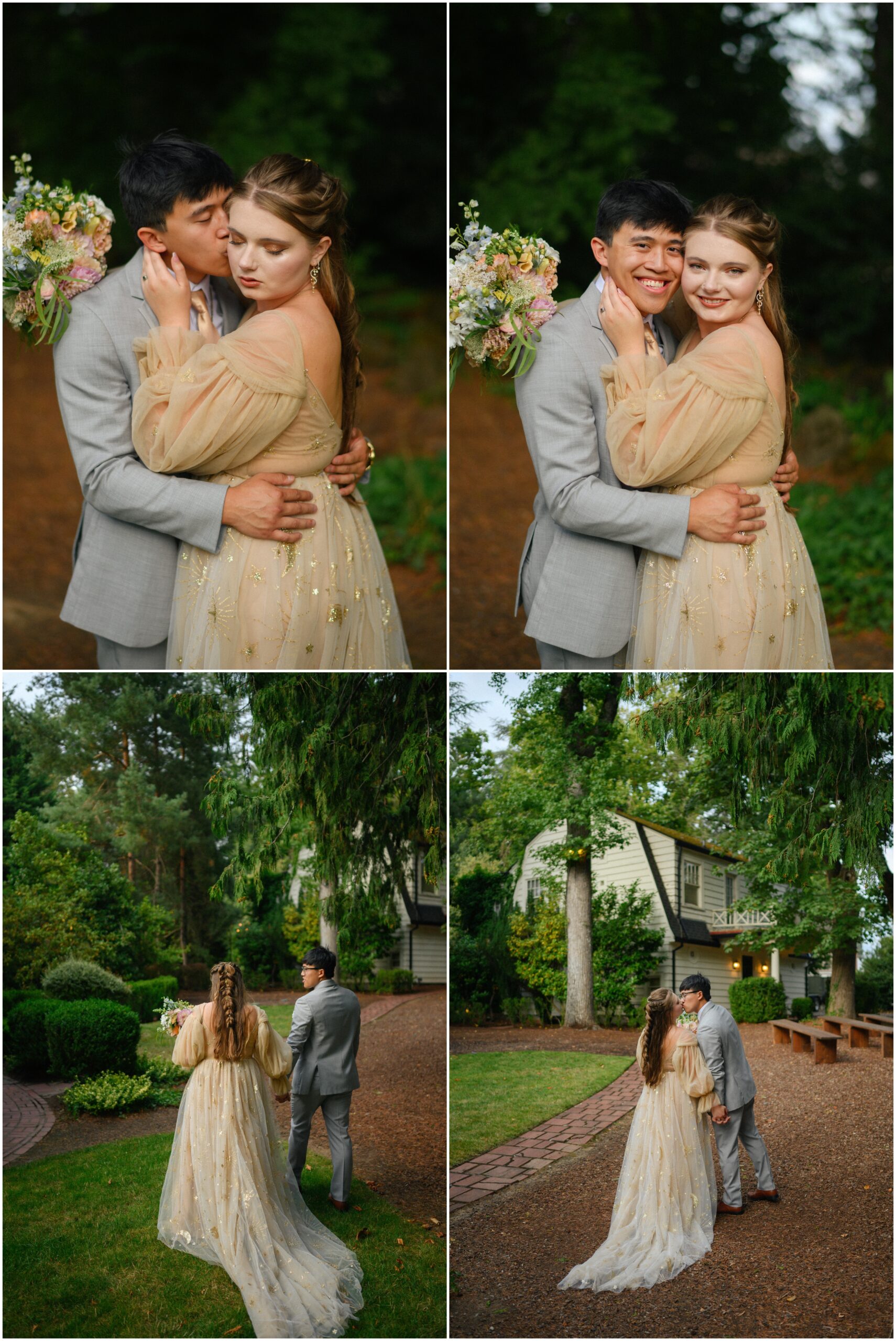 Romantic portraits of the bride and groom at Gray Gables Estate: the groom kissing the bride’s cheek as she holds a pastel bouquet, followed by tender moments of the couple walking hand in hand through the estate’s lush gardens.