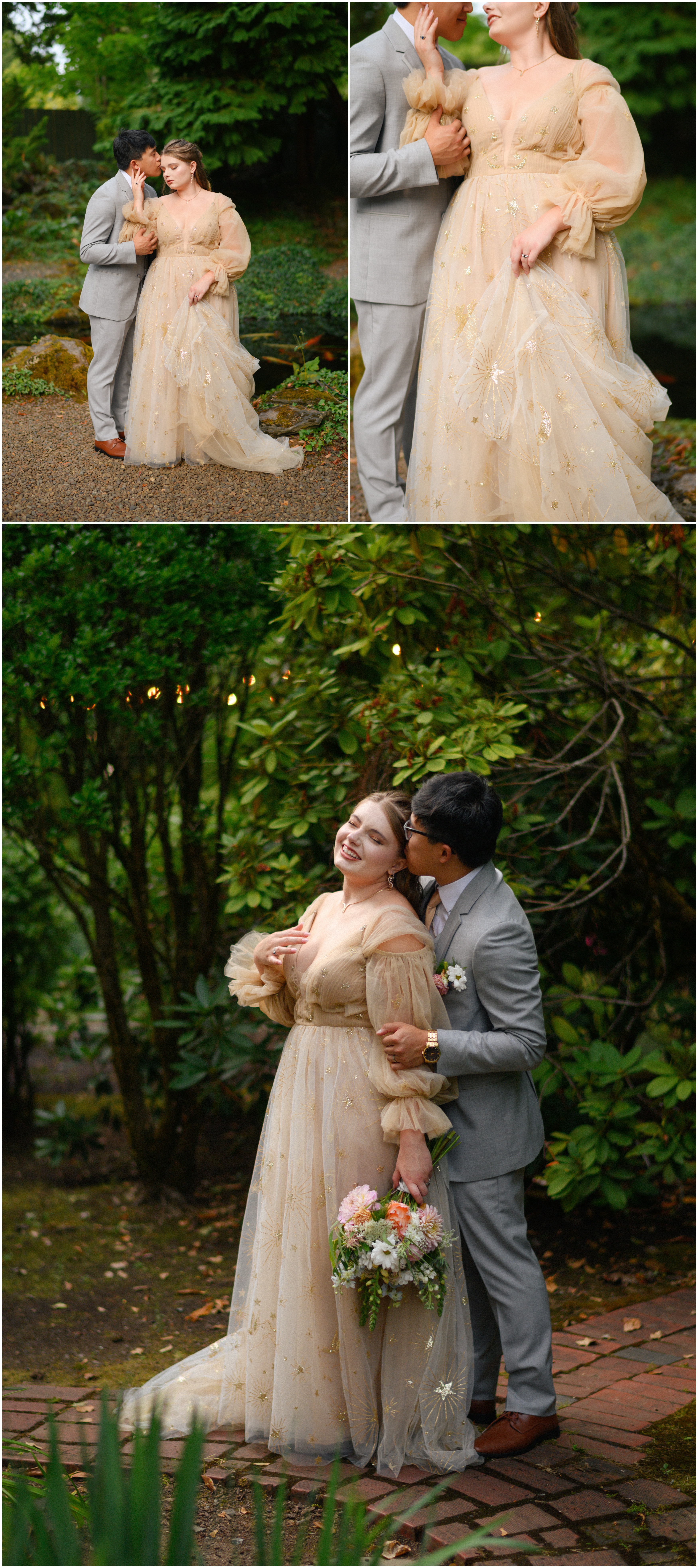 Intimate bride and groom portraits at Gray Gables Estate: the couple embracing near a serene garden setting, with close-ups of the bride’s celestial gown and bouquet, as well as the groom kissing the bride affectionately amidst the estate’s vibrant greenery.