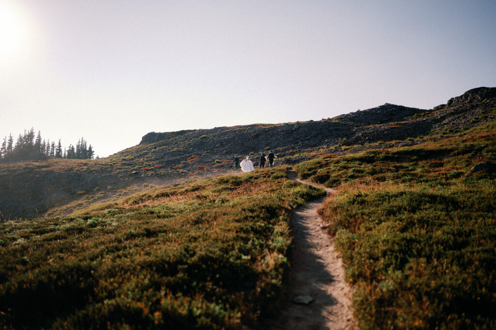A wide landscape shot of the couple hiking up a winding trail, their figures small against the expansive hillside and golden hour light.