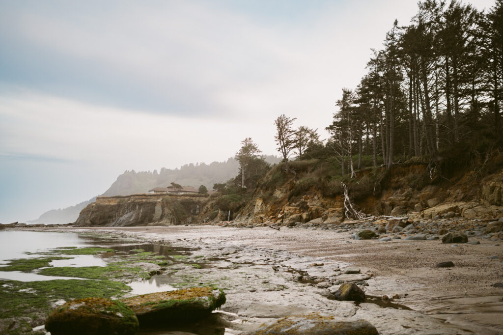 A scenic landscape showing the coast line of Otter Crest beach at low tide.