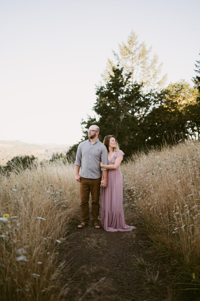 A husband and wife pose as they celebrate their anniversary at Fitton Green Natural Area in Oregon.
